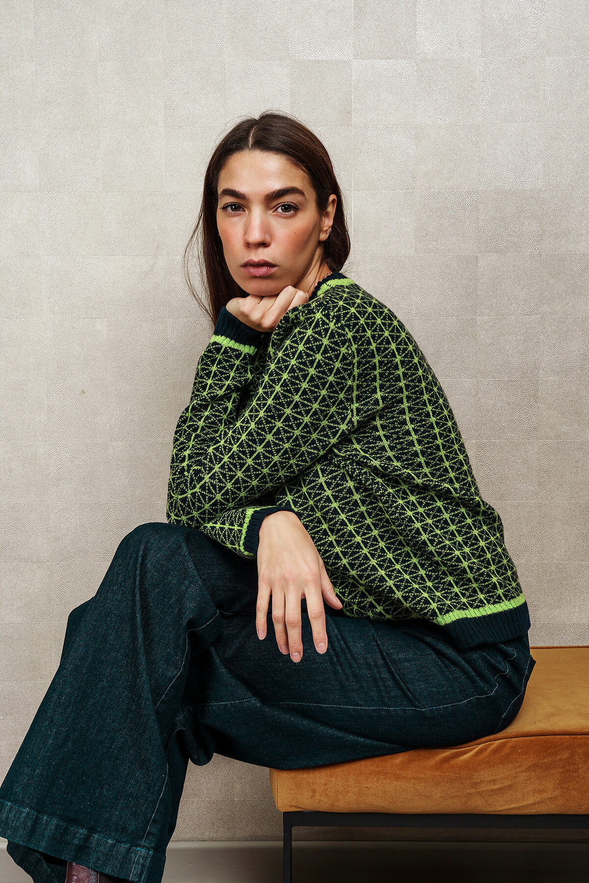 MAGLIA GEOMETRIC JACQUARD blu e lime
