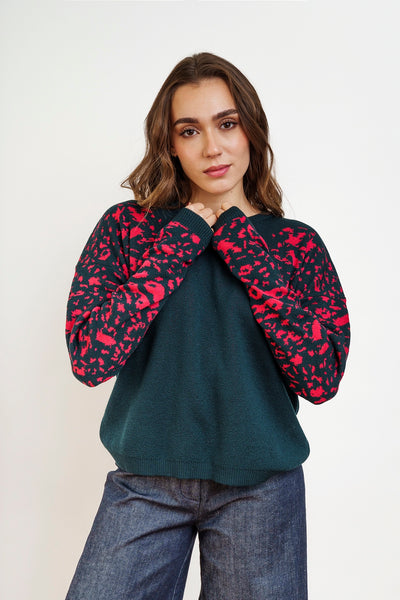LEOPARD PULL dark green and coral