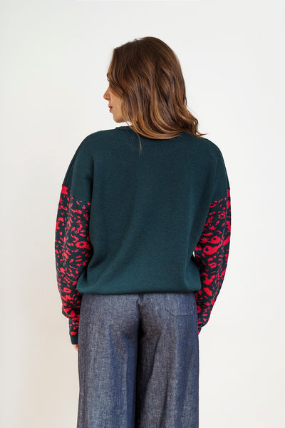 LEOPARD PULL dark green and coral