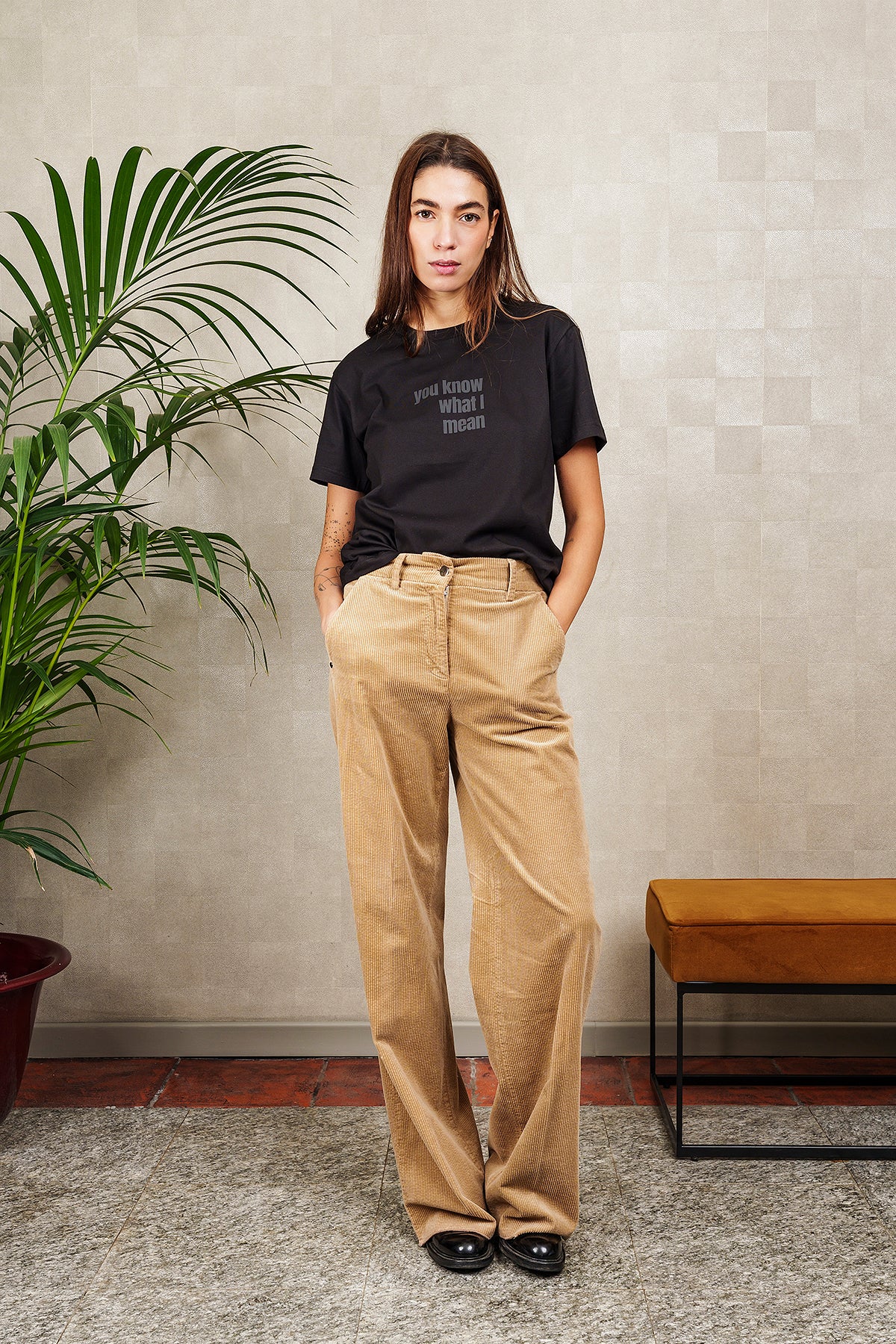 Beige ribbed velvet trousers