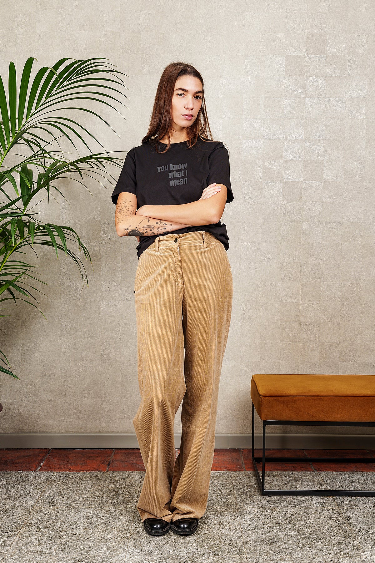 Beige ribbed velvet trousers