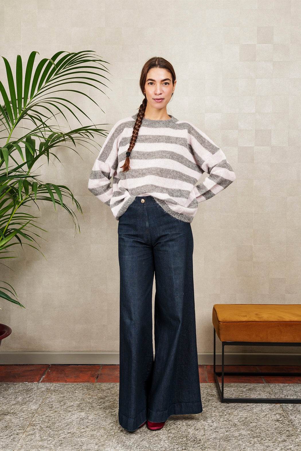 NEW NUVOLA STRIPED SWEATER in grey and light pink