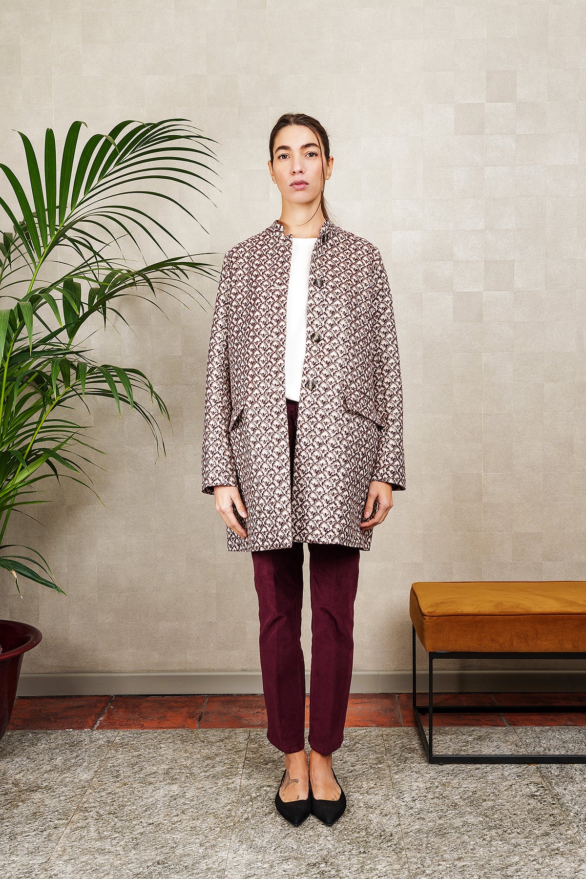 AMELIE coat in ivory, burgundy and gold jacquard