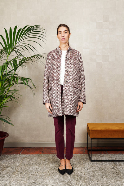 AMELIE coat in ivory, burgundy and gold jacquard