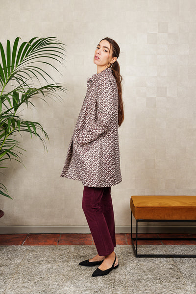 AMELIE coat in ivory, burgundy and gold jacquard