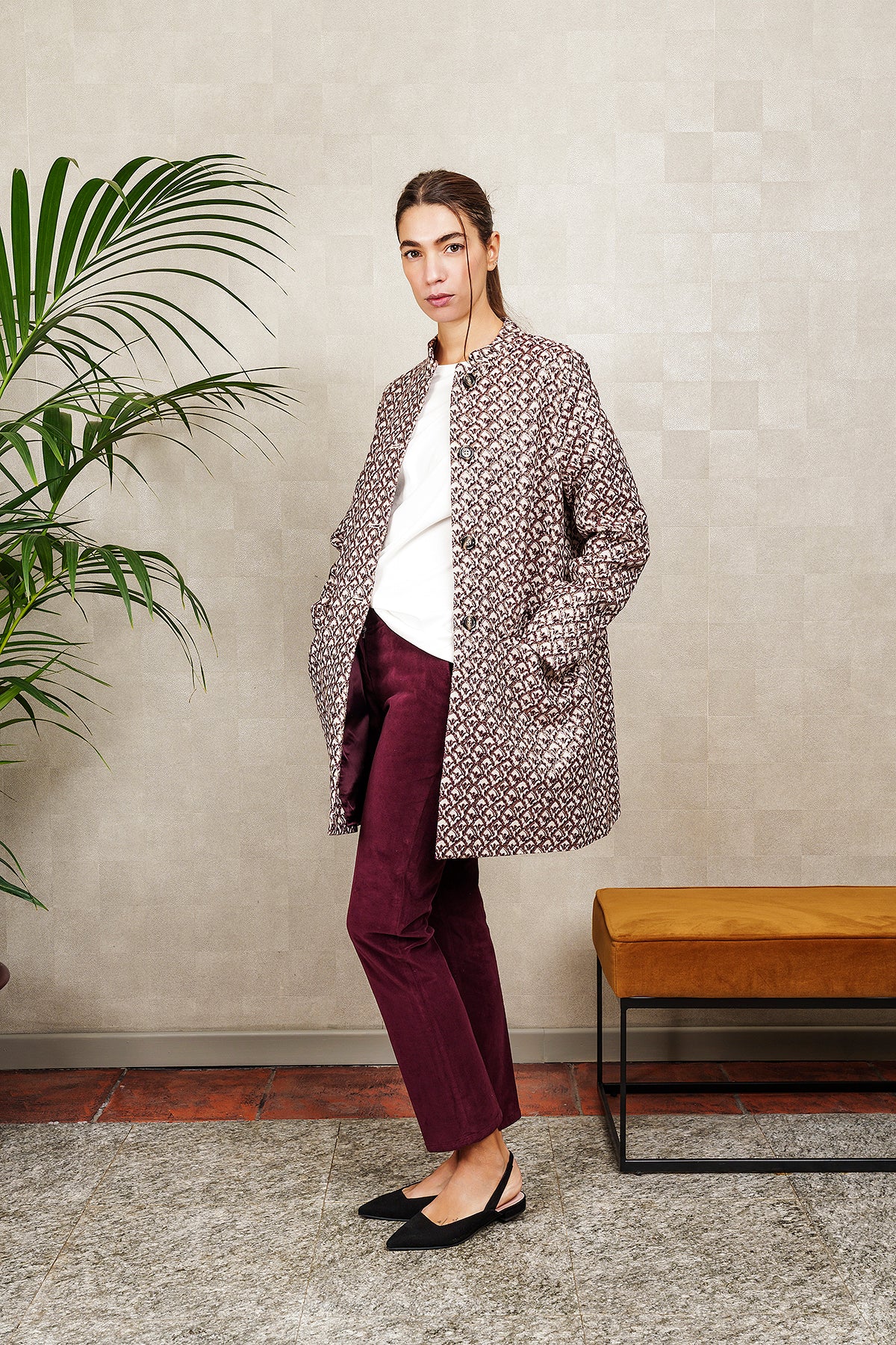 AMELIE coat in ivory, burgundy and gold jacquard