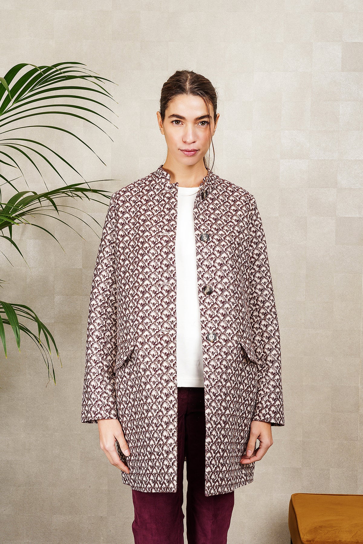 AMELIE coat in ivory, burgundy and gold jacquard