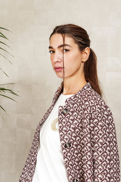 AMELIE coat in ivory, burgundy and gold jacquard