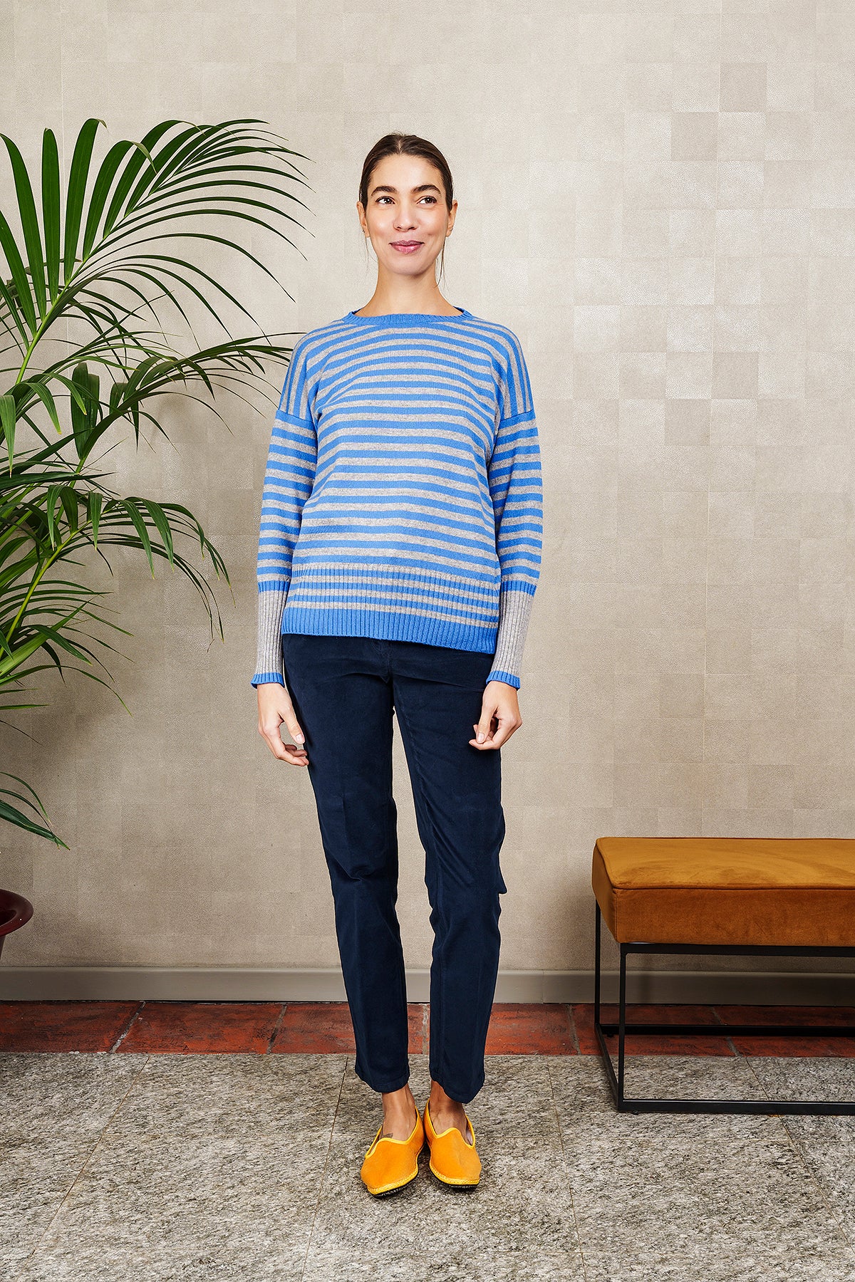 GIROCOLLO A RIGHE IN LANA E CASHMERE, grigio e bluette