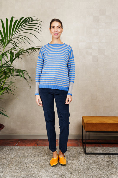 GIROCOLLO A RIGHE IN LANA E CASHMERE, grigio e bluette