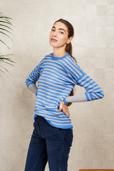 GIROCOLLO A RIGHE IN LANA E CASHMERE, grigio e bluette