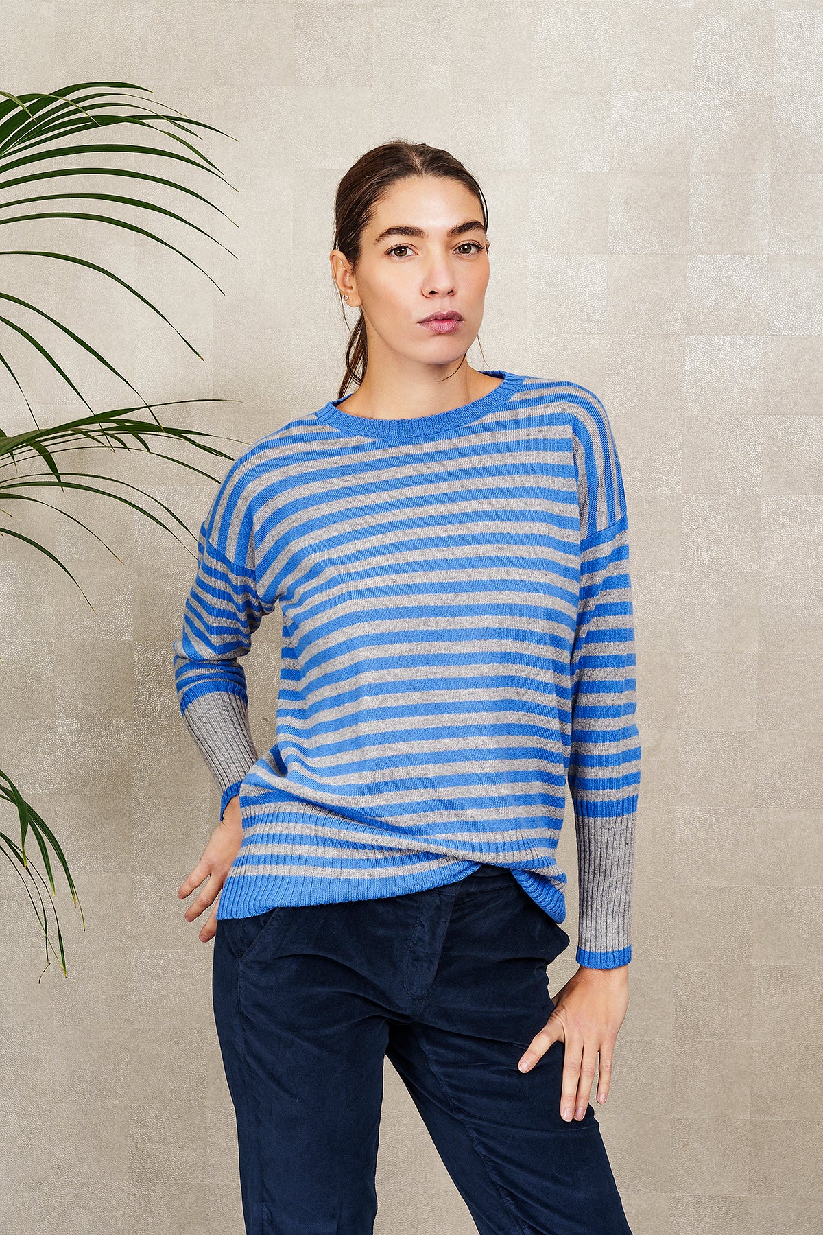 GIROCOLLO A RIGHE IN LANA E CASHMERE, grigio e bluette