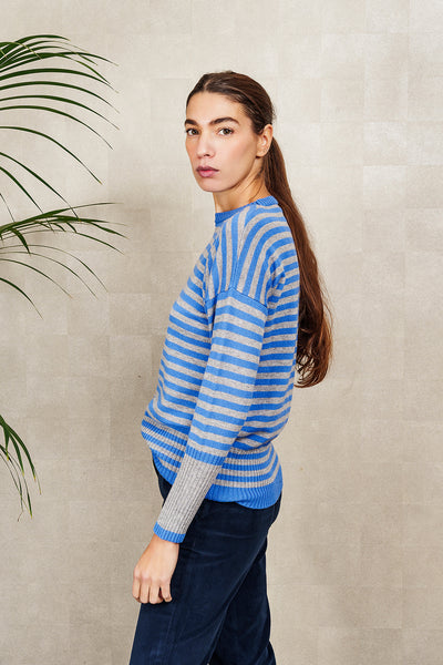 GIROCOLLO A RIGHE IN LANA E CASHMERE, grigio e bluette