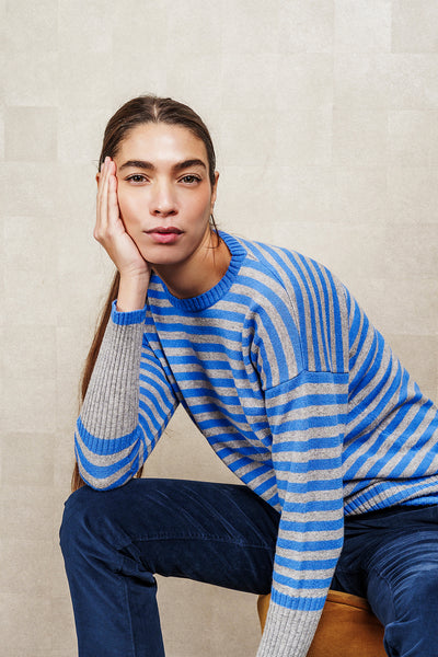 GIROCOLLO A RIGHE IN LANA E CASHMERE, grigio e bluette