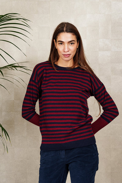 GIROCOLLO A RIGHE IN LANA E CASHMERE, blu e bordeaux