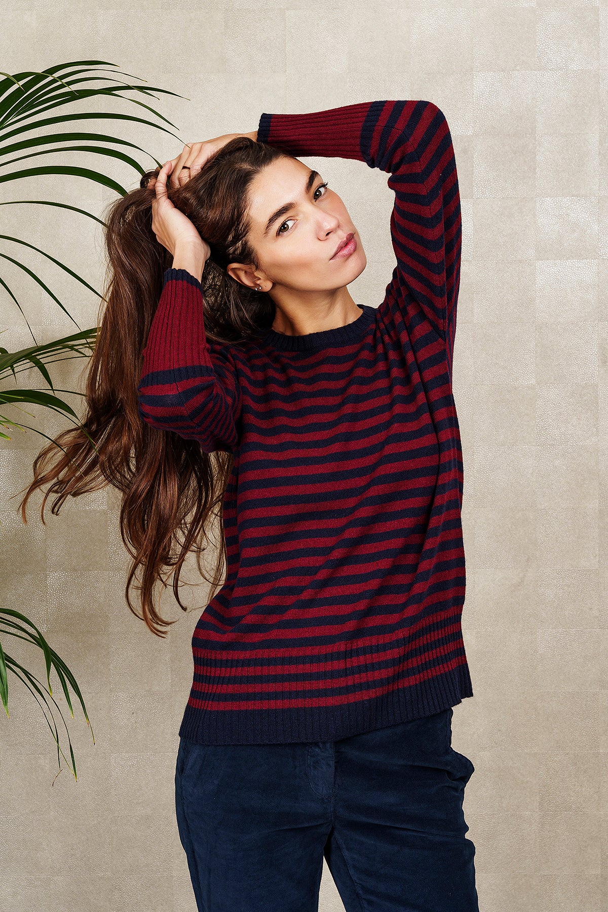 GIROCOLLO A RIGHE IN LANA E CASHMERE, blu e bordeaux