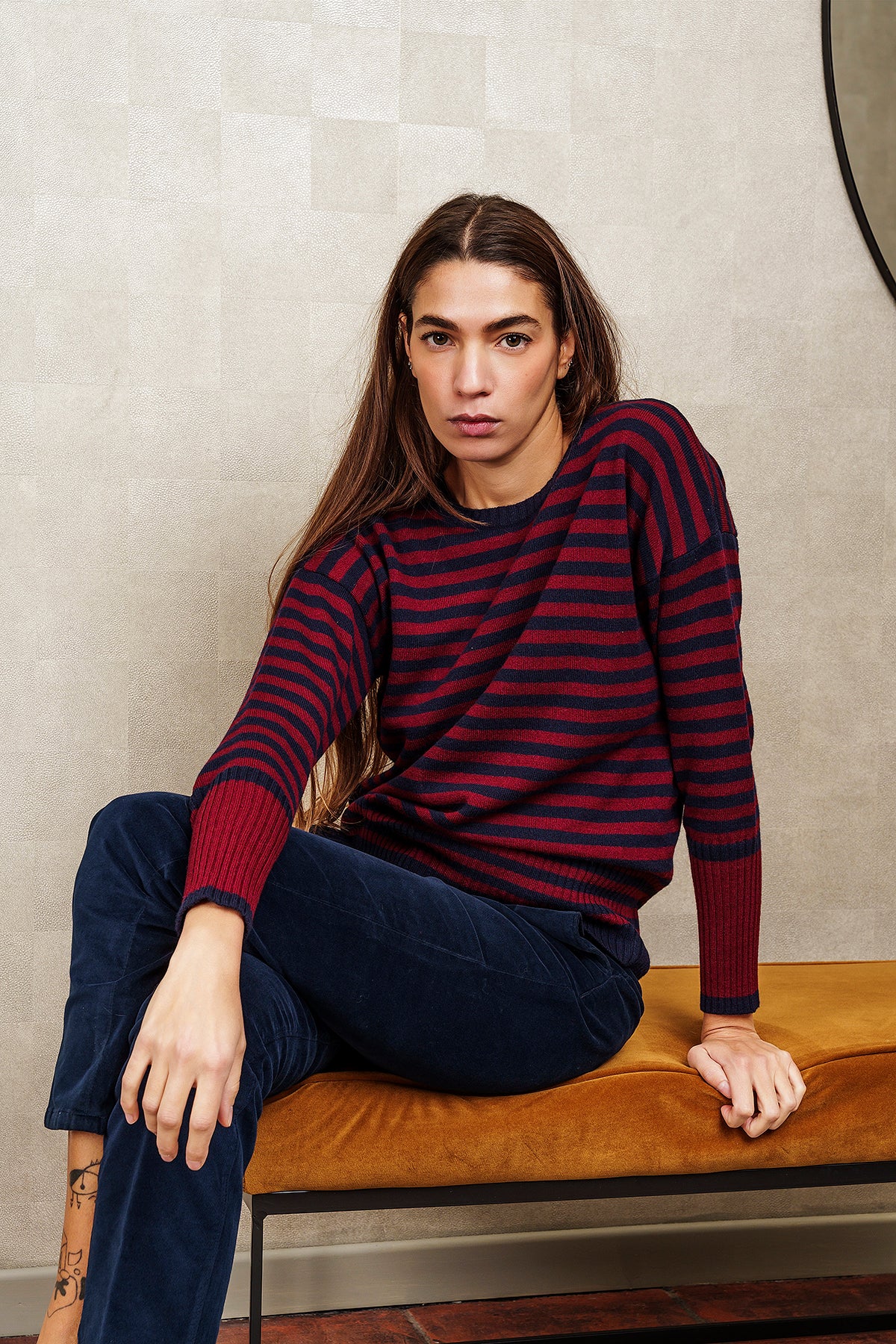 GIROCOLLO A RIGHE IN LANA E CASHMERE, blu e bordeaux