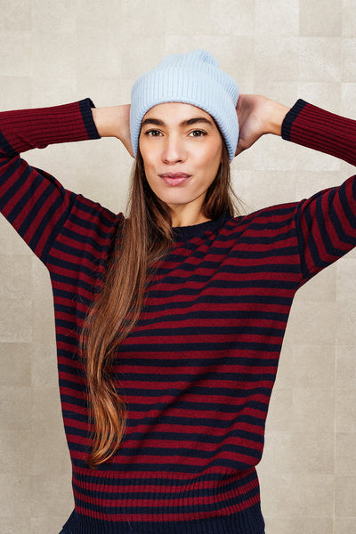GIROCOLLO A RIGHE IN LANA E CASHMERE, blu e bordeaux