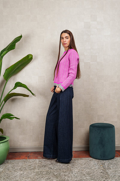 MAGLIA GEOMETRIC JACQUARD grigia e fucsia