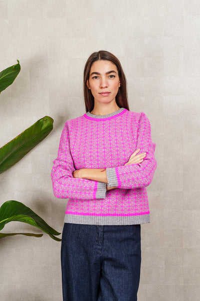 MAGLIA GEOMETRIC JACQUARD grigia e fucsia
