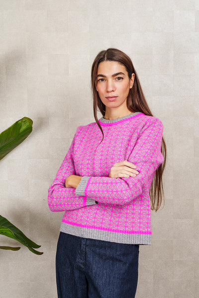 MAGLIA GEOMETRIC JACQUARD grigia e fucsia