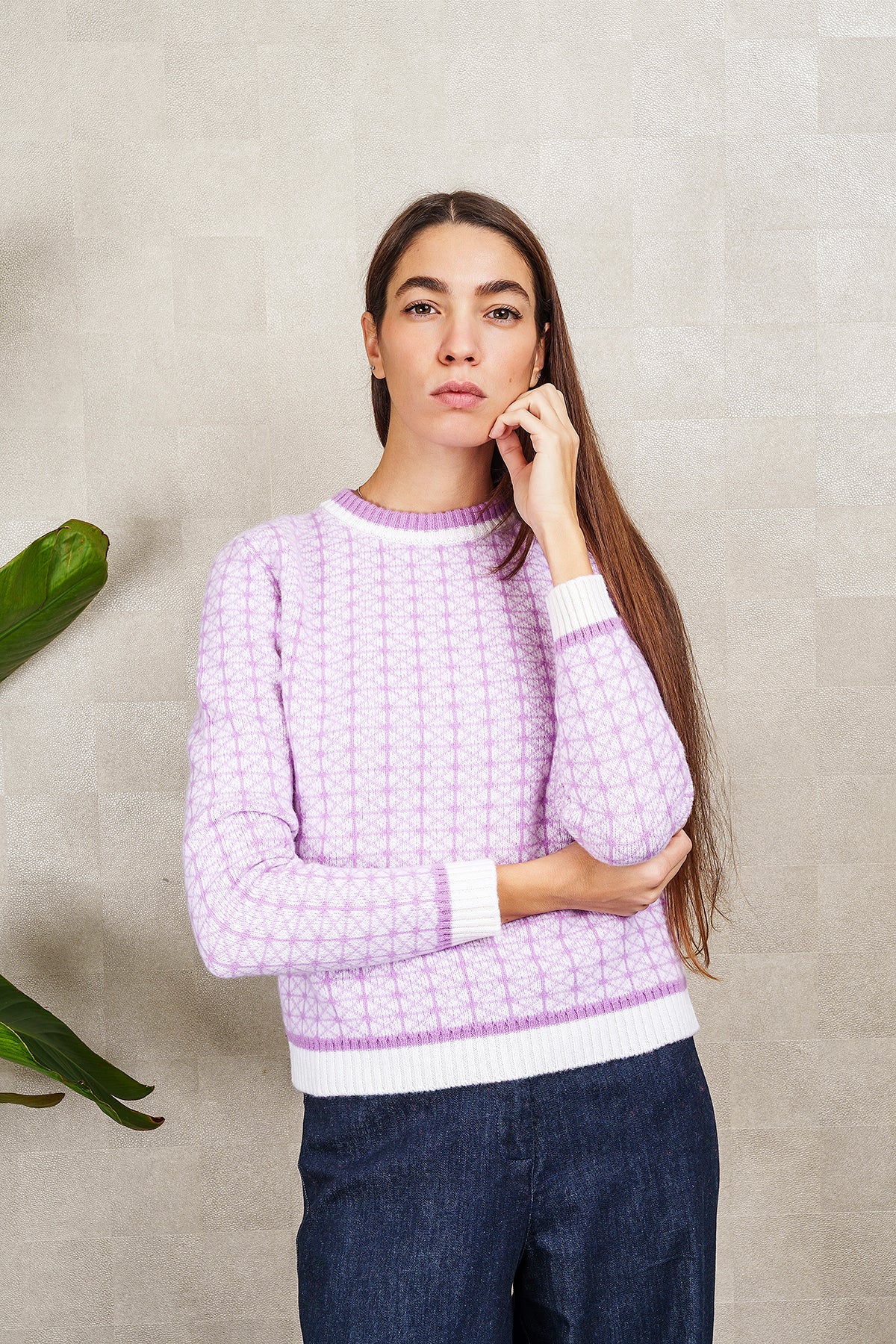 MAGLIA GEOMETRIC JACQUARD avorio e lilla