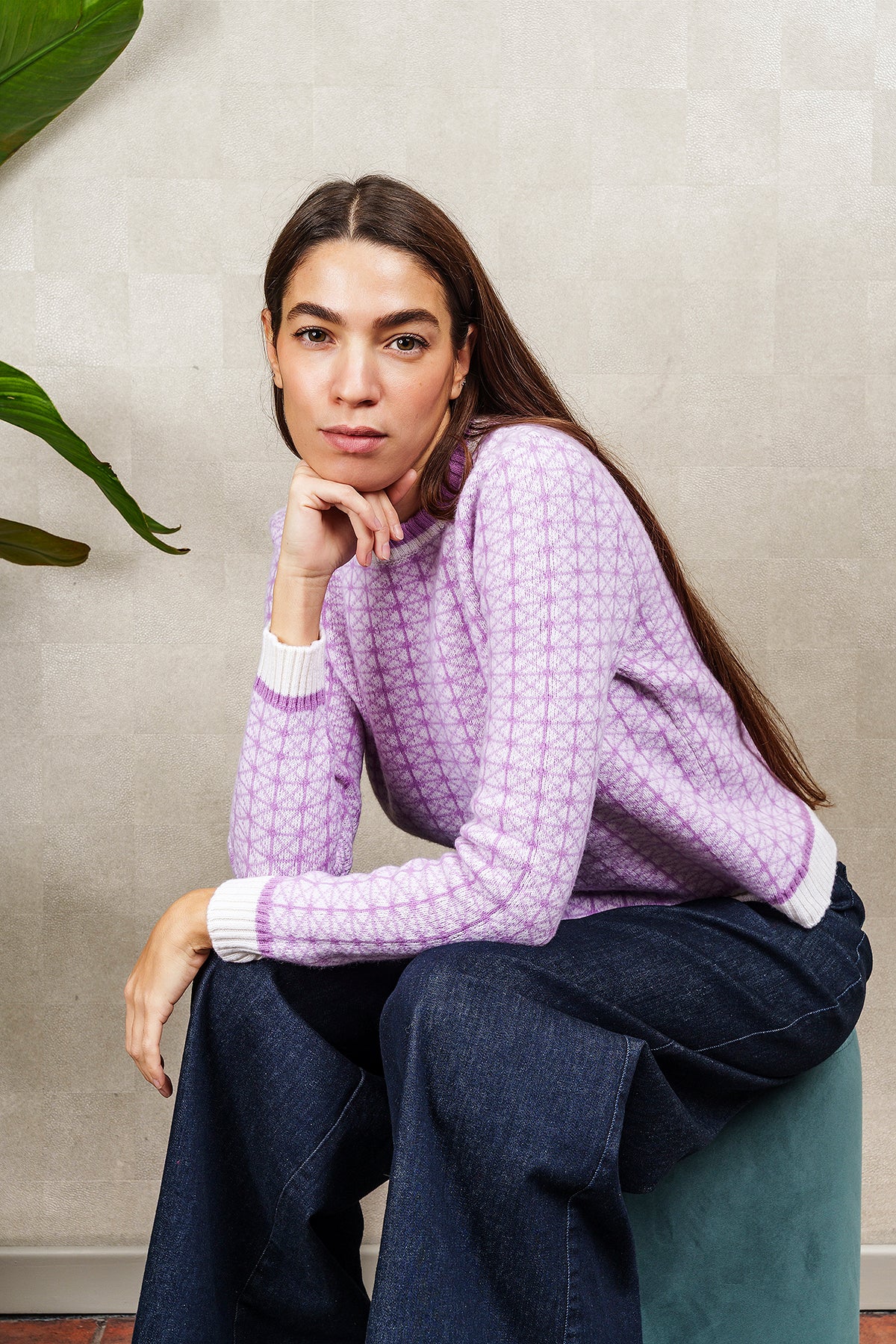 MAGLIA GEOMETRIC JACQUARD avorio e lilla