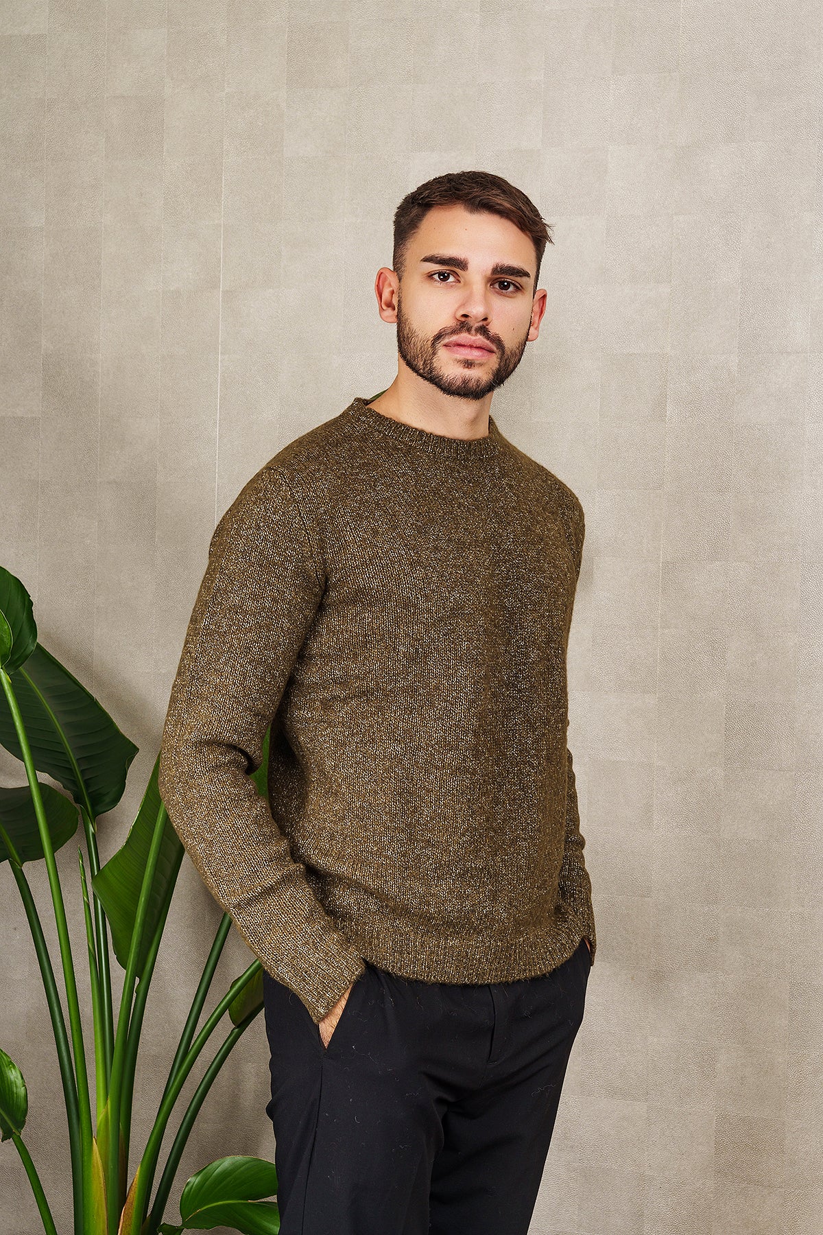 UNISEX CREW NECK SWEATER in olive green melange