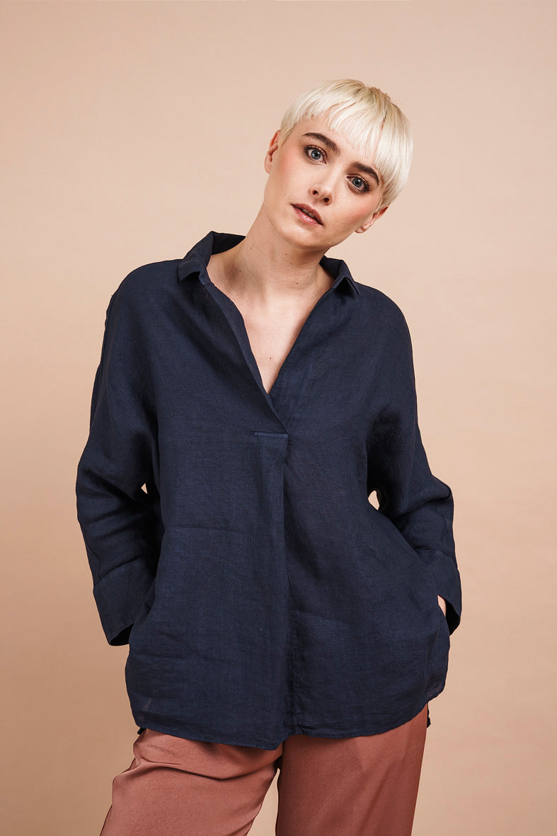 AURORA SHIRT in dark blue linen