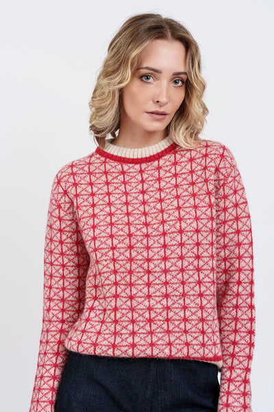 Beige and red GEOMETRIC JACQUARD SWEATER