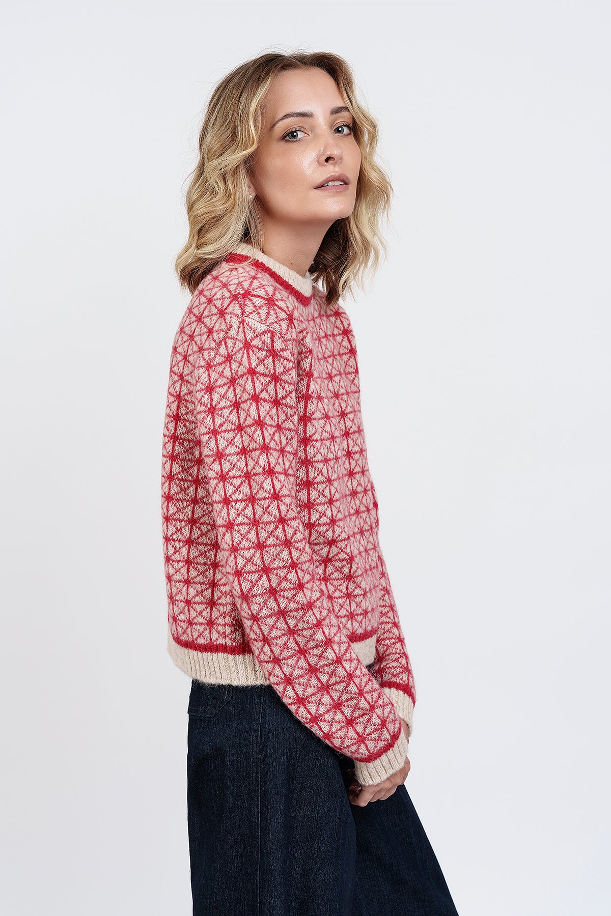 Beige and red GEOMETRIC JACQUARD SWEATER
