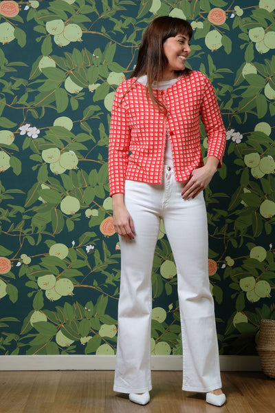 JACQUARD KNITTED JACKET - red, peach and ivory