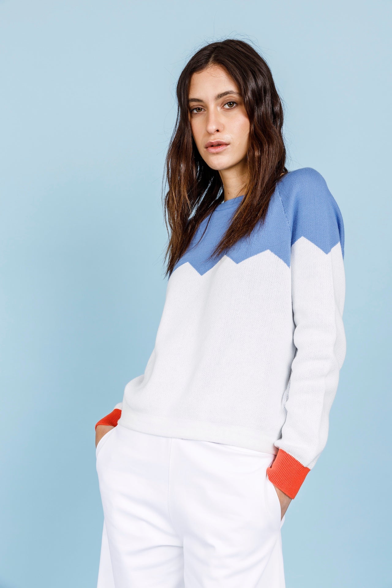 ZIG ZAG JUMPER - Light blue, white and coral