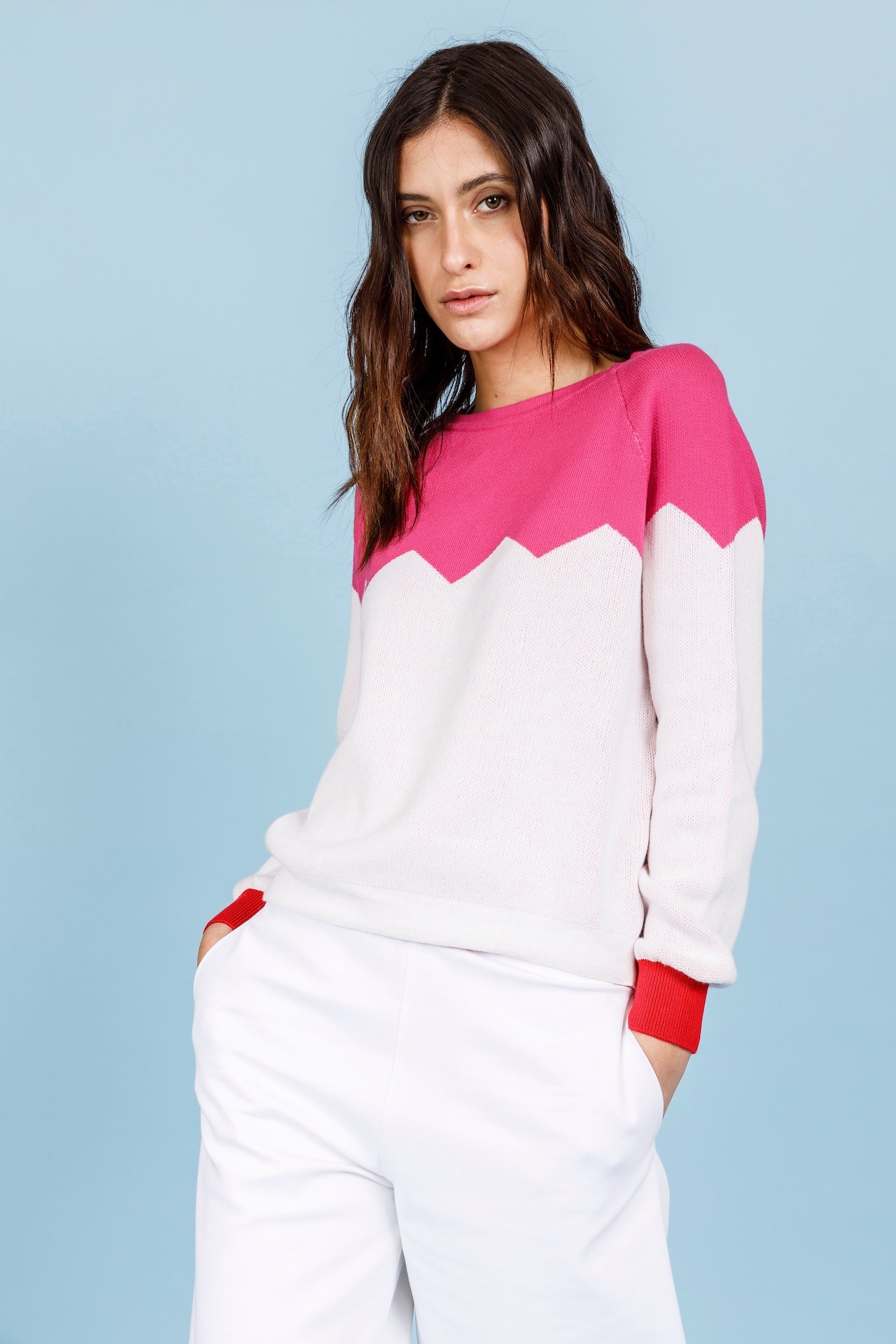 MAGLIA ZIG ZAG - Azalea, bianco e rosso