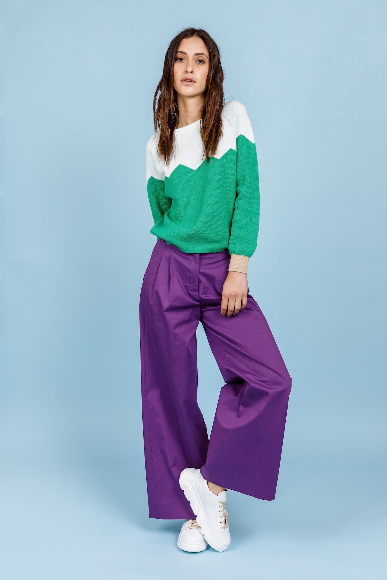 MAGLIA ZIG ZAG - Bianco, verde e corda