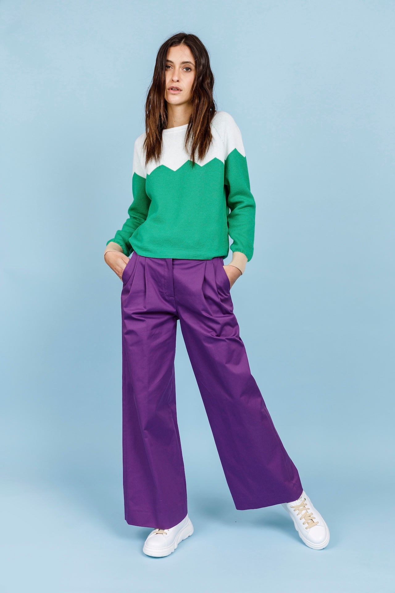 MAGLIA ZIG ZAG - Bianco, verde e corda