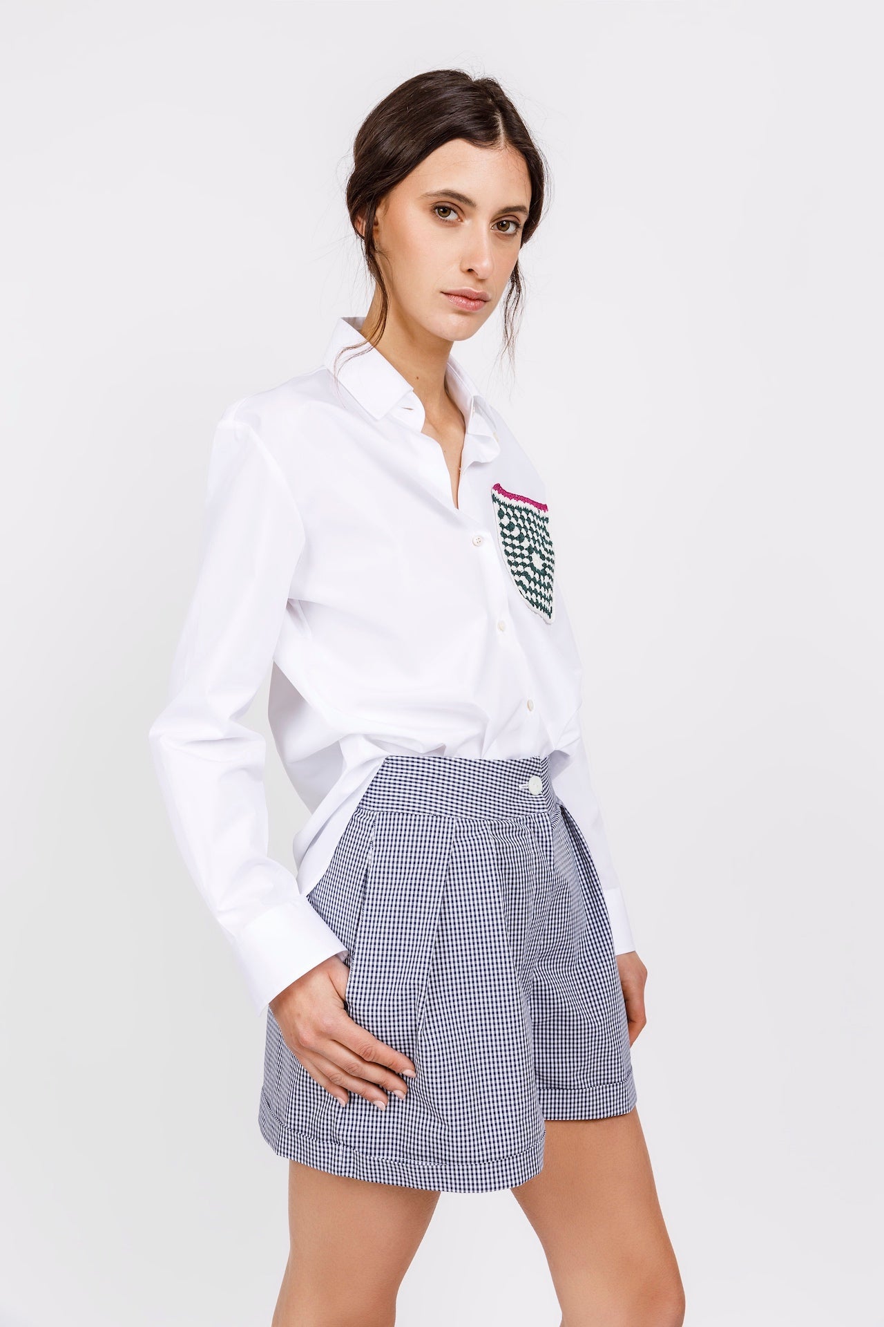 SHORTS in cotone Vichy bianco e nero