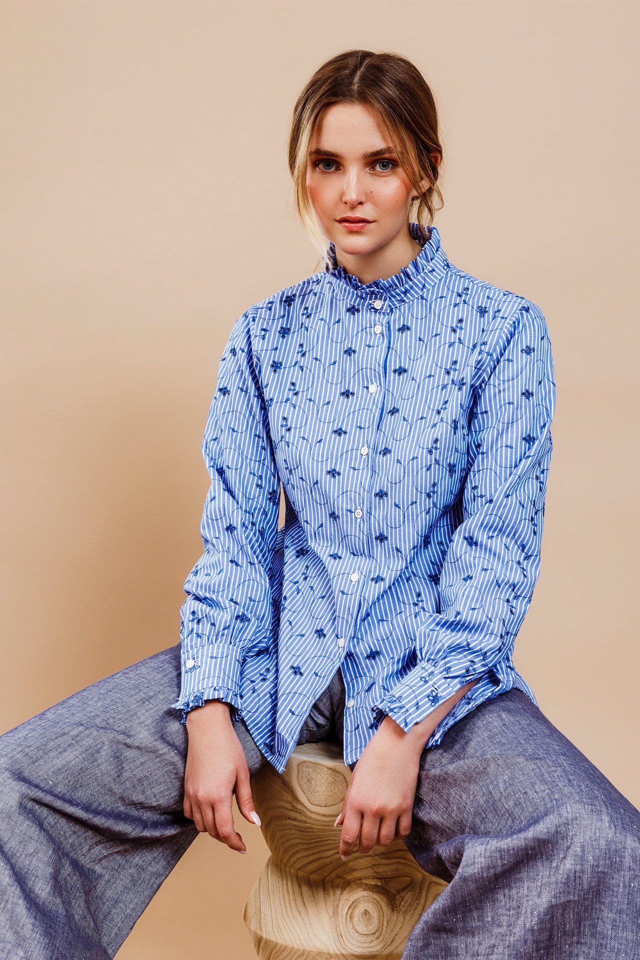 MAIA SHIRT - Striped cotton with St Gallen embroidery