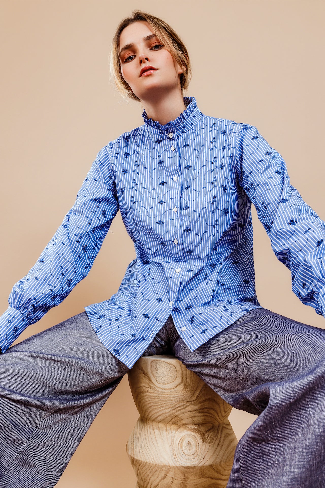 CAMICIA MAIA - Cotone a righe con ricamo San Gallo